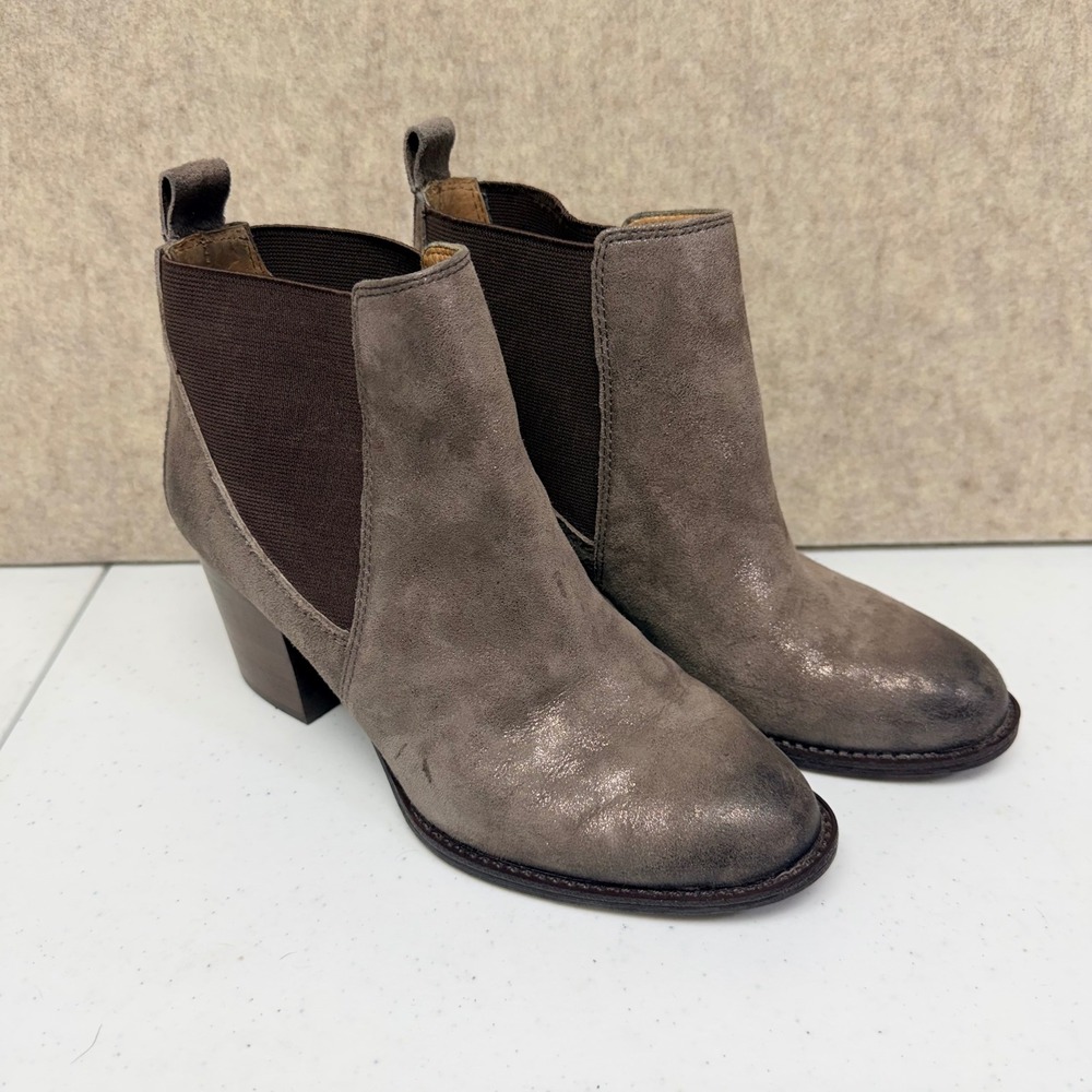 Sofft Ankle Boots Womens 7M Grey Metallic Suede Block Heel Chelsea Booties